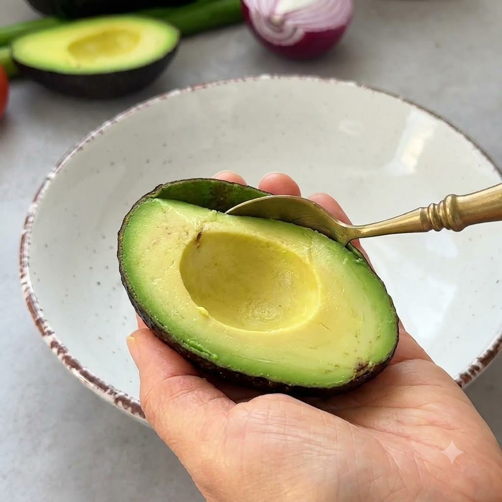 La mitad de un aguacate sostenida en una mano mientras una cuchara de metal extrae la pulpa verde hacia un bol blanco grande.