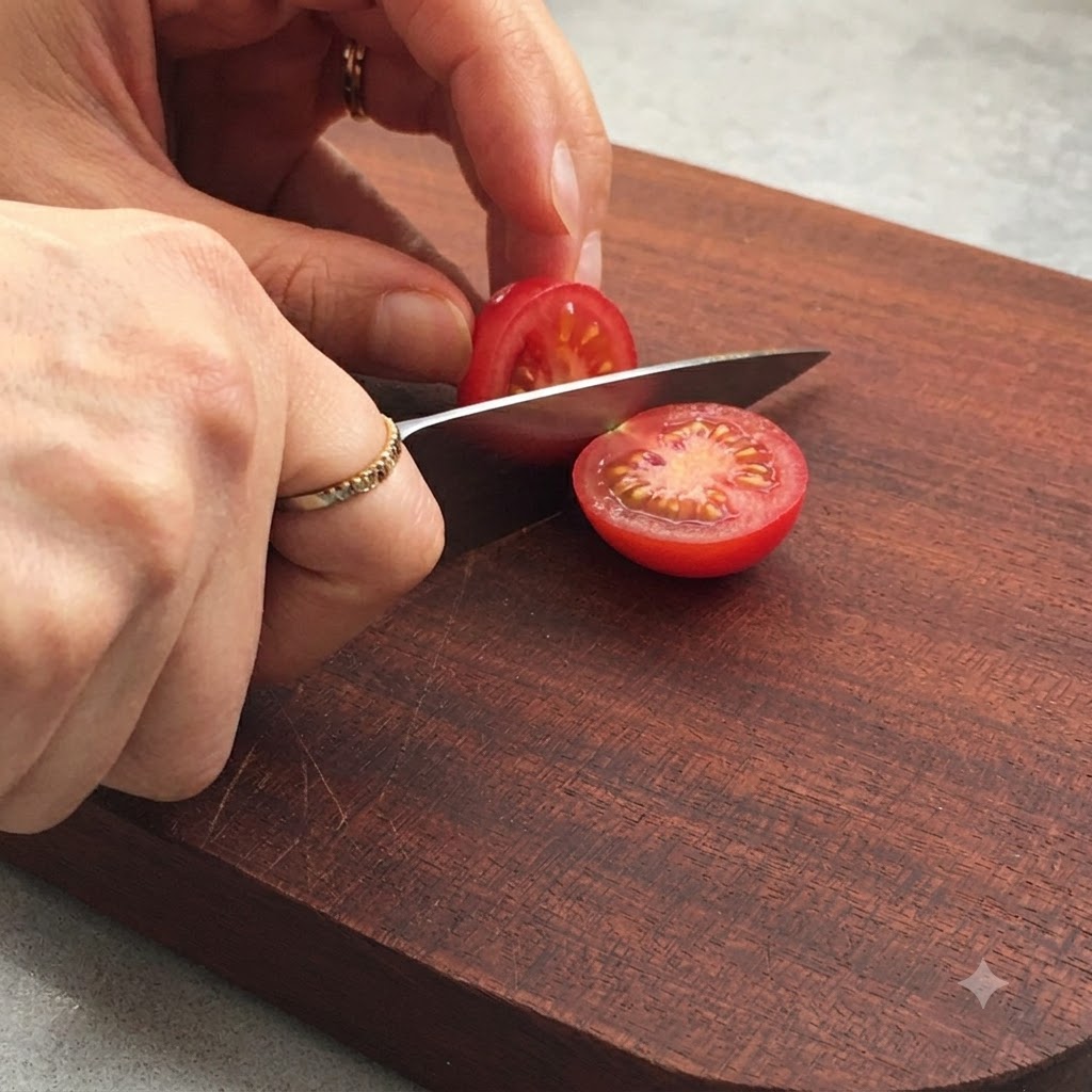 Un tomate cherry siendo cortado por la mitad sobre una tabla de cortar de madera utilizando un cuchillo de cocina pequeño.