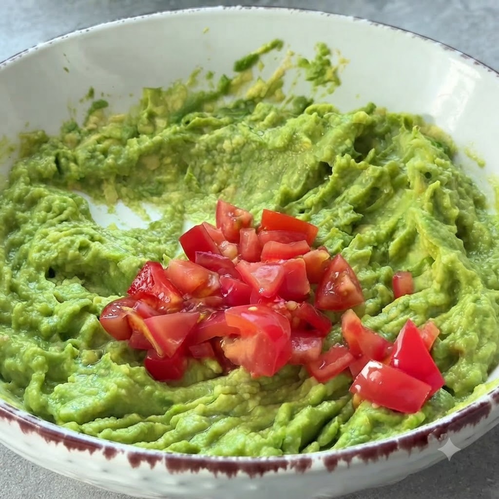 Tomates rojos recién picados apilados sobre un bol de aguacate verde machacado listos para ser mezclados.