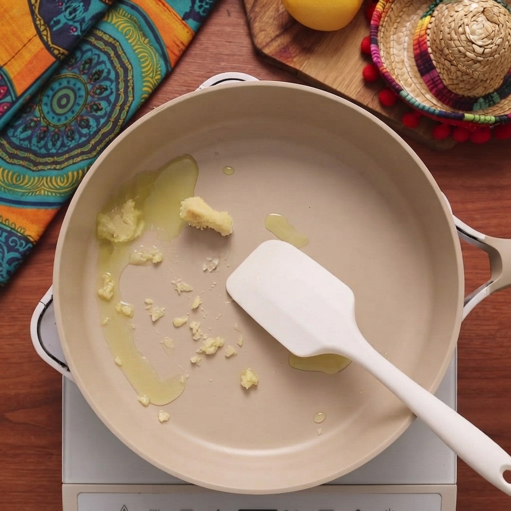 Ajo picado y aceite de oliva chisporroteando en una sartén antiadherente tibia.