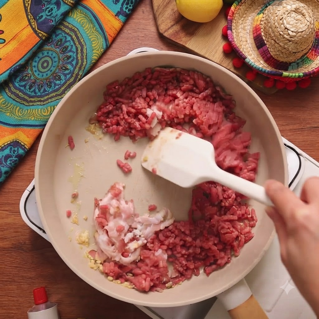 Tocino picado y carne picada cruda agregándose a la sartén con ajo.