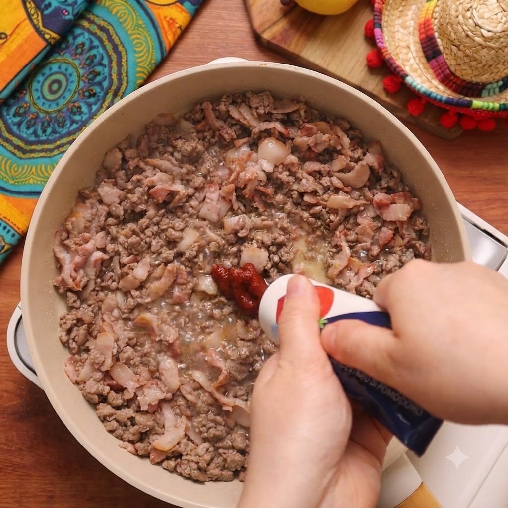 Pasta de tomate siendo agregada desde un tubo a la mezcla de carne cocida en la sartén.