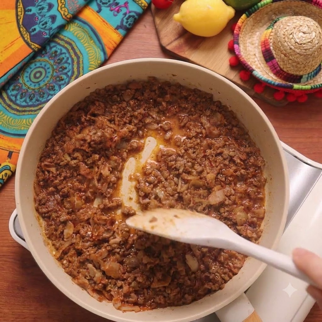 El relleno de carne cocida hirviendo a fuego lento y siendo revuelto con una espátula blanca en la sartén.