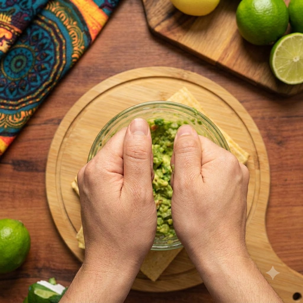 Aguacate fresco siendo triturado a fondo hasta obtener una pasta suave dentro de un tazón de vidrio transparente sobre una tabla de madera.