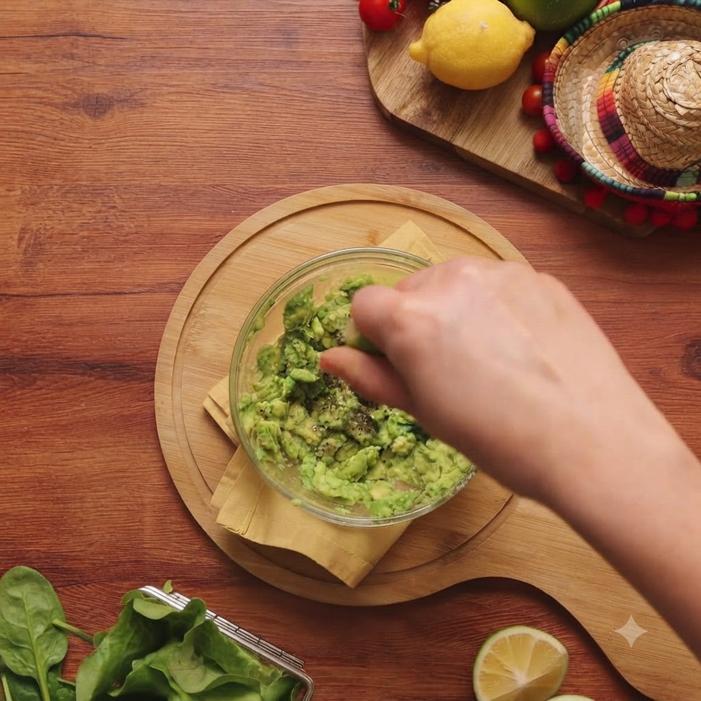 Jugo de limón, sal y pimienta siendo mezclados en el puré de aguacate recién triturado en un tazón de vidrio.