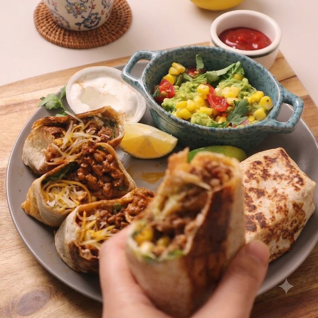 Relleno de carne picada sazonada y cocida siendo añadido encima de la capa de lechuga en el wrap.