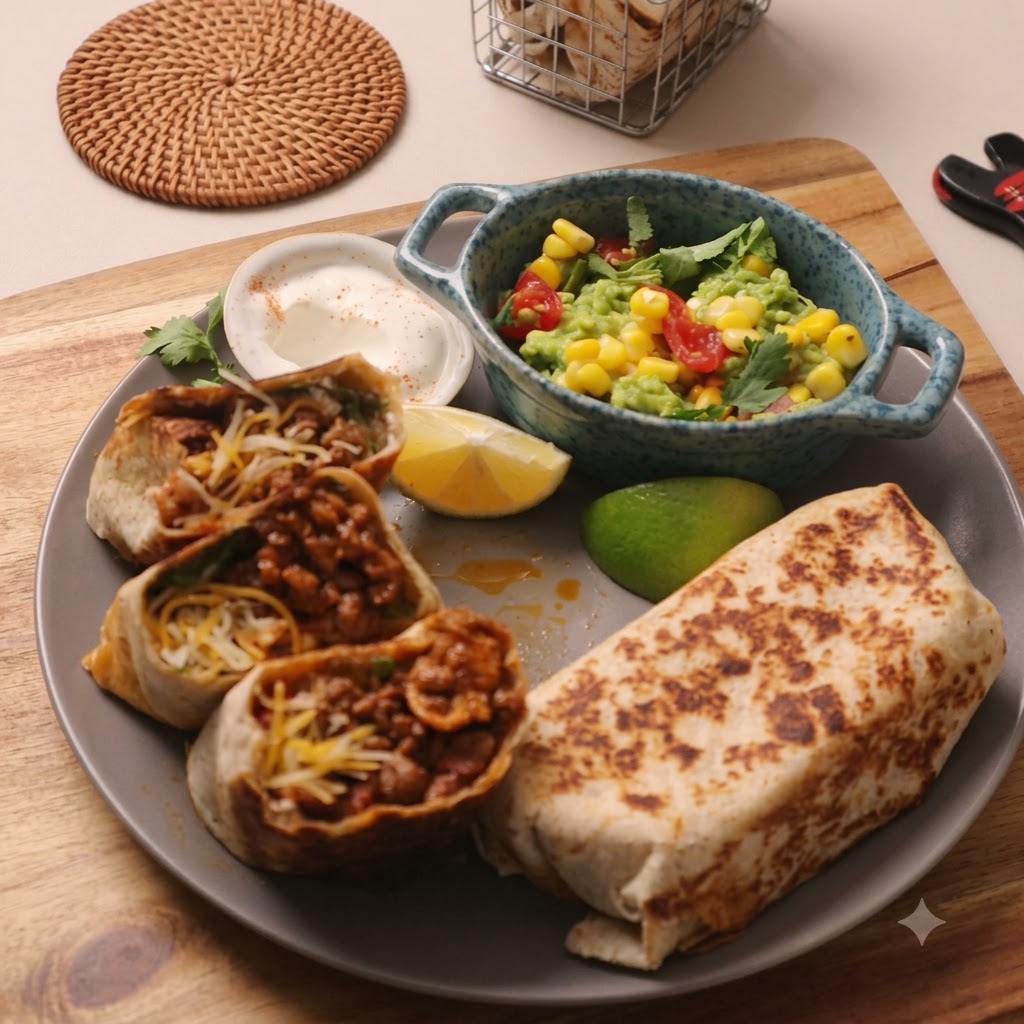 Tomates picados y granos de maíz dulce siendo espolvoreados sobre el relleno del burrito.
