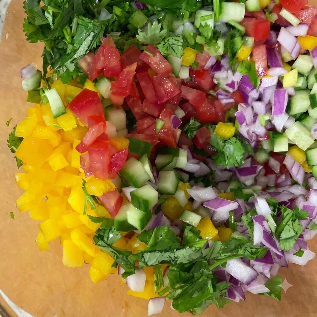 Una mezcla de pimientos rojos y amarillos picados, tomates, cebollas moradas y cilantro verde en un tazón de vidrio.
