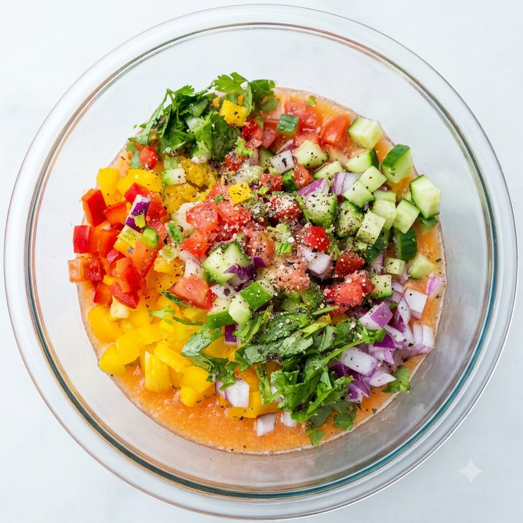Jugo de limón fresco siendo exprimido de medio limón directamente en un tazón de vidrio lleno de verduras picadas de colores y hierbas.