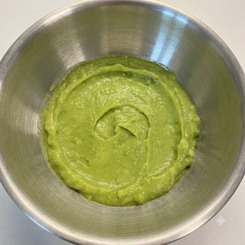 Un aguacate maduro siendo triturado en una pasta verde suave y vibrante dentro de un tazón de mezcla de metal usando un mazo.