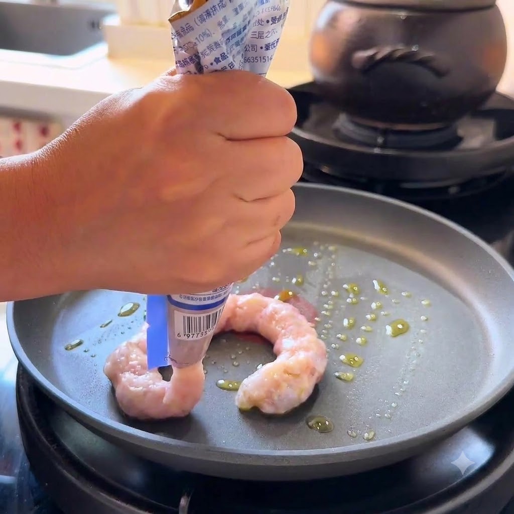 Un par de manos exprimiendo pasta de camarón rosada desde un tubo formando dos círculos en una sartén engrasada.