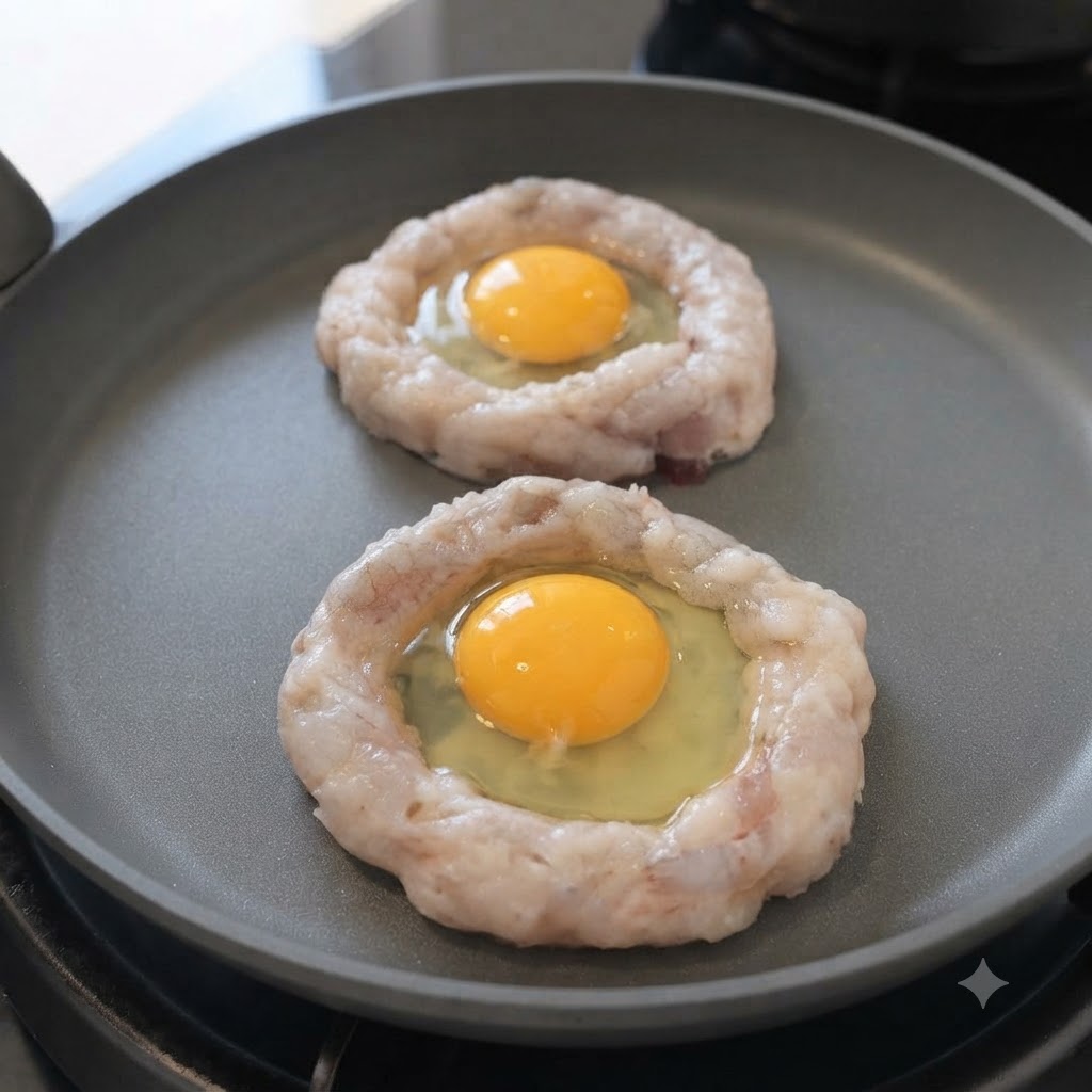 Dos huevos crudos reposando dentro de aros circulares de pasta de camarón en una sartén.