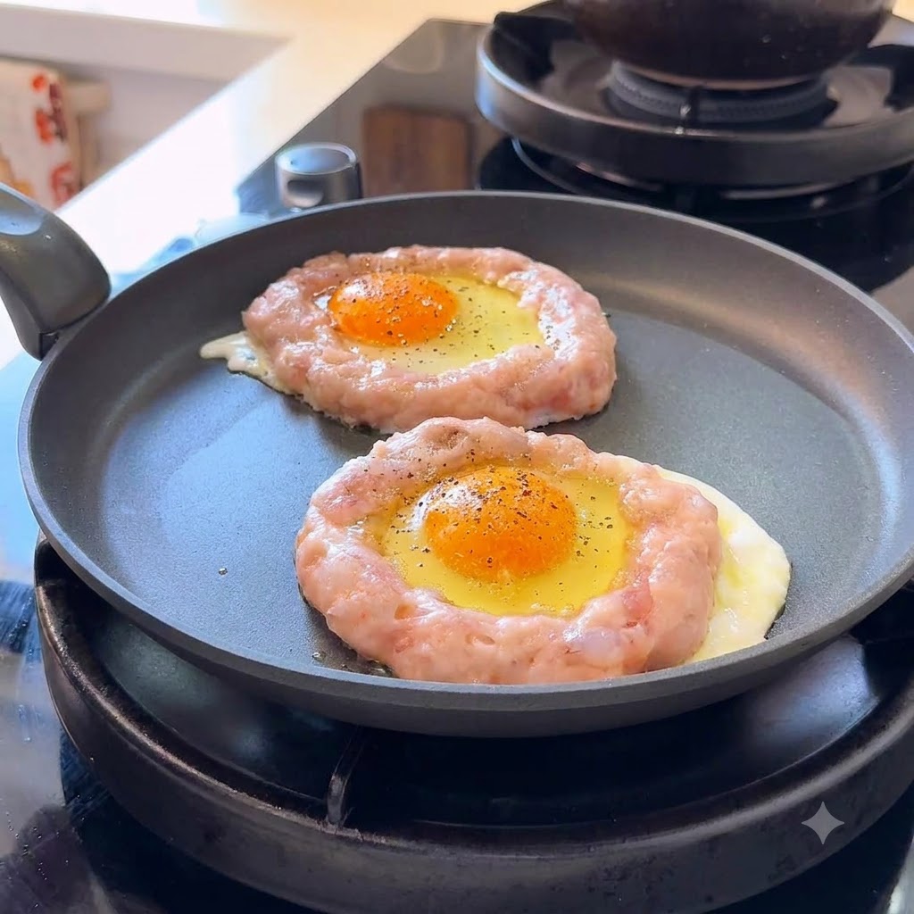 Sal marina y pimienta negra esparcidas sobre los huevos y la pasta de camarón cocinándose en una sartén.