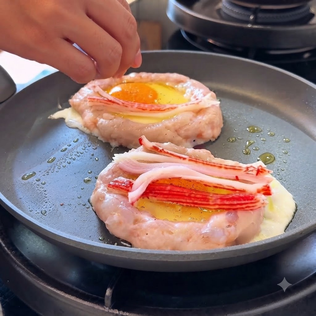 Una mano colocando trozos de palitos de cangrejo desmenuzados sobre los huevos dentro de los aros de pasta de camarón.