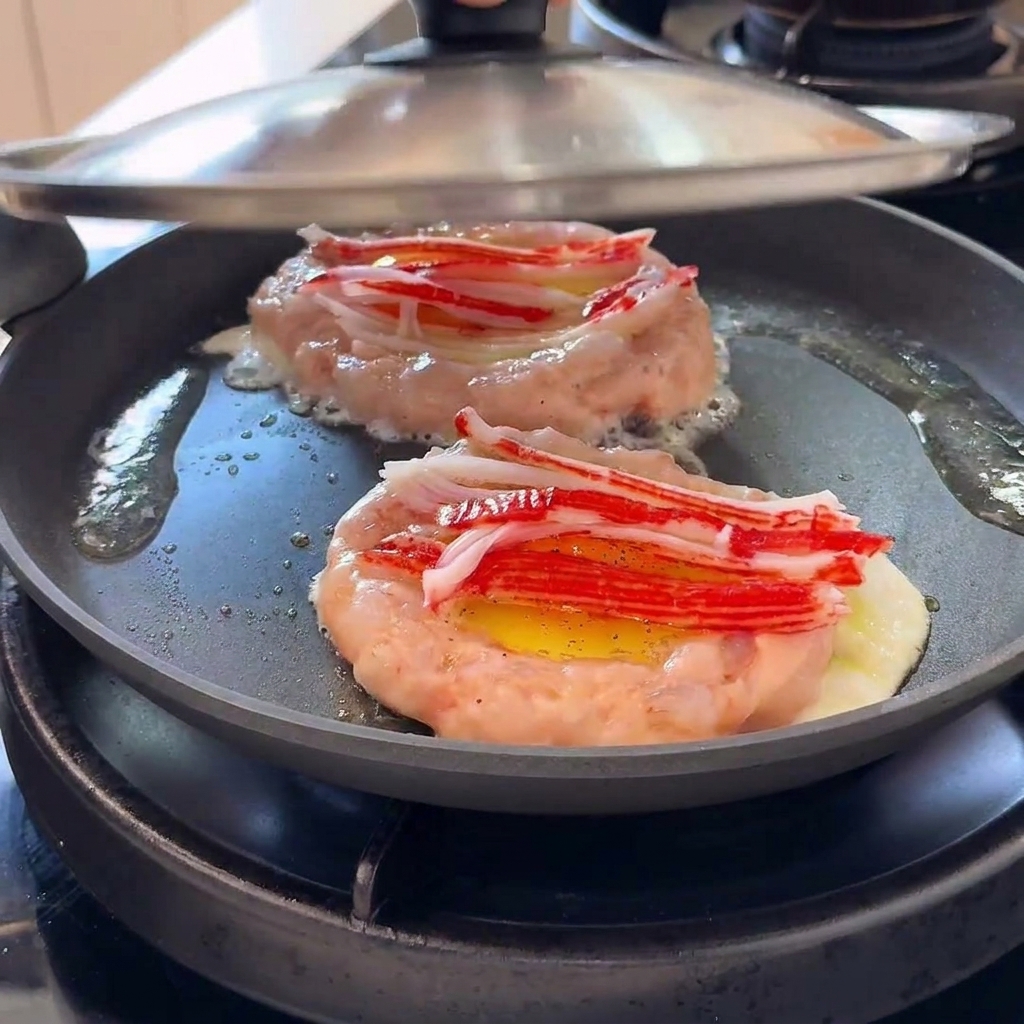 Una tapa metálica colocándose sobre una sartén que contiene aros de pasta de camarón y huevos con agua generando vapor.