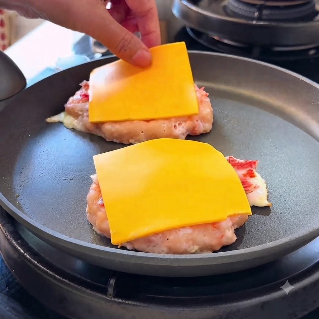 Una mano colocando rebanadas de queso amarillo sobre el huevo cocido y los medallones de camarón en una sartén.