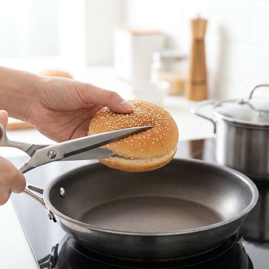 Un pan de hamburguesa caliente siendo cortado con tijeras.