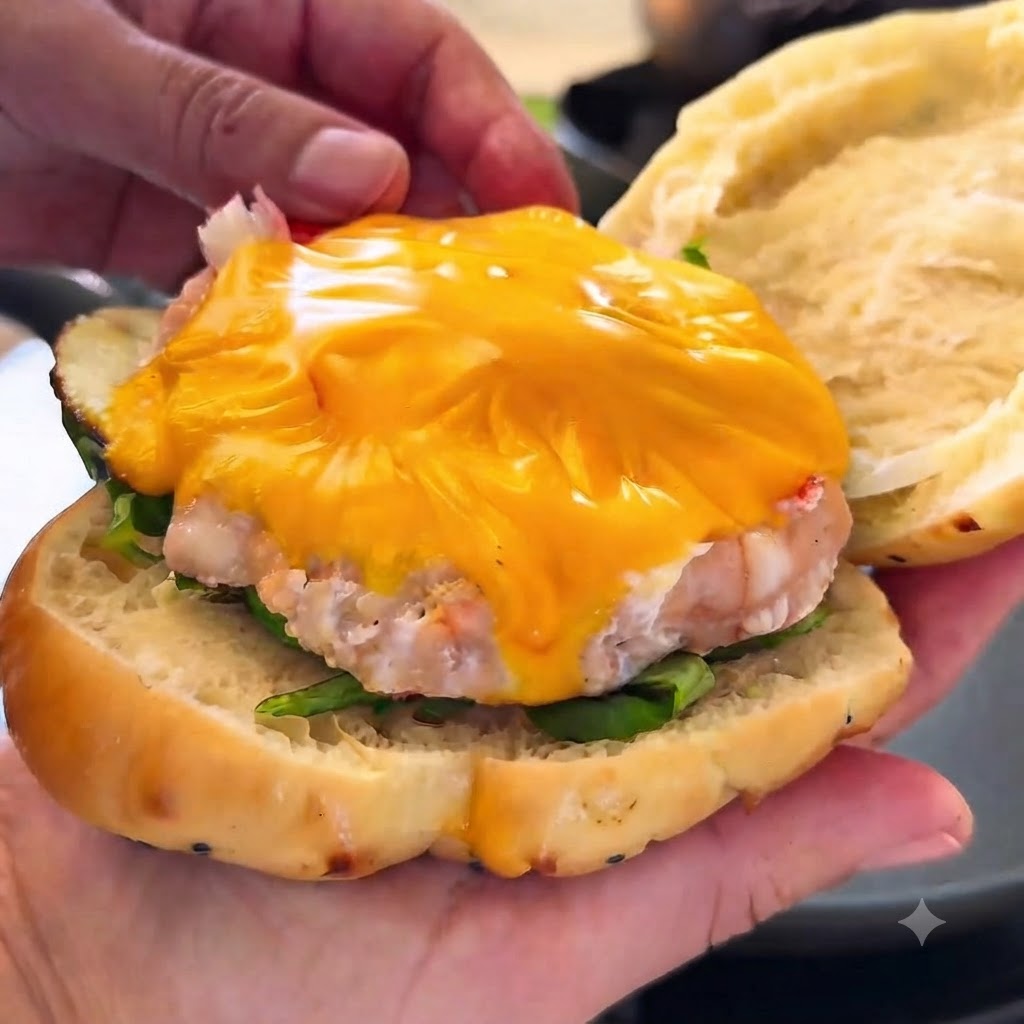 Hojas de lechuga fresca y un medallón cocido con queso fundido dentro de un pan de hamburguesa cortado.
