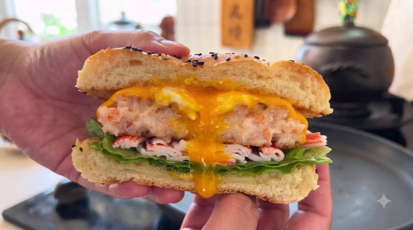 Hamburguesa de Huevo Frito con Pasta de Camarón y Palitos de Cangrejo