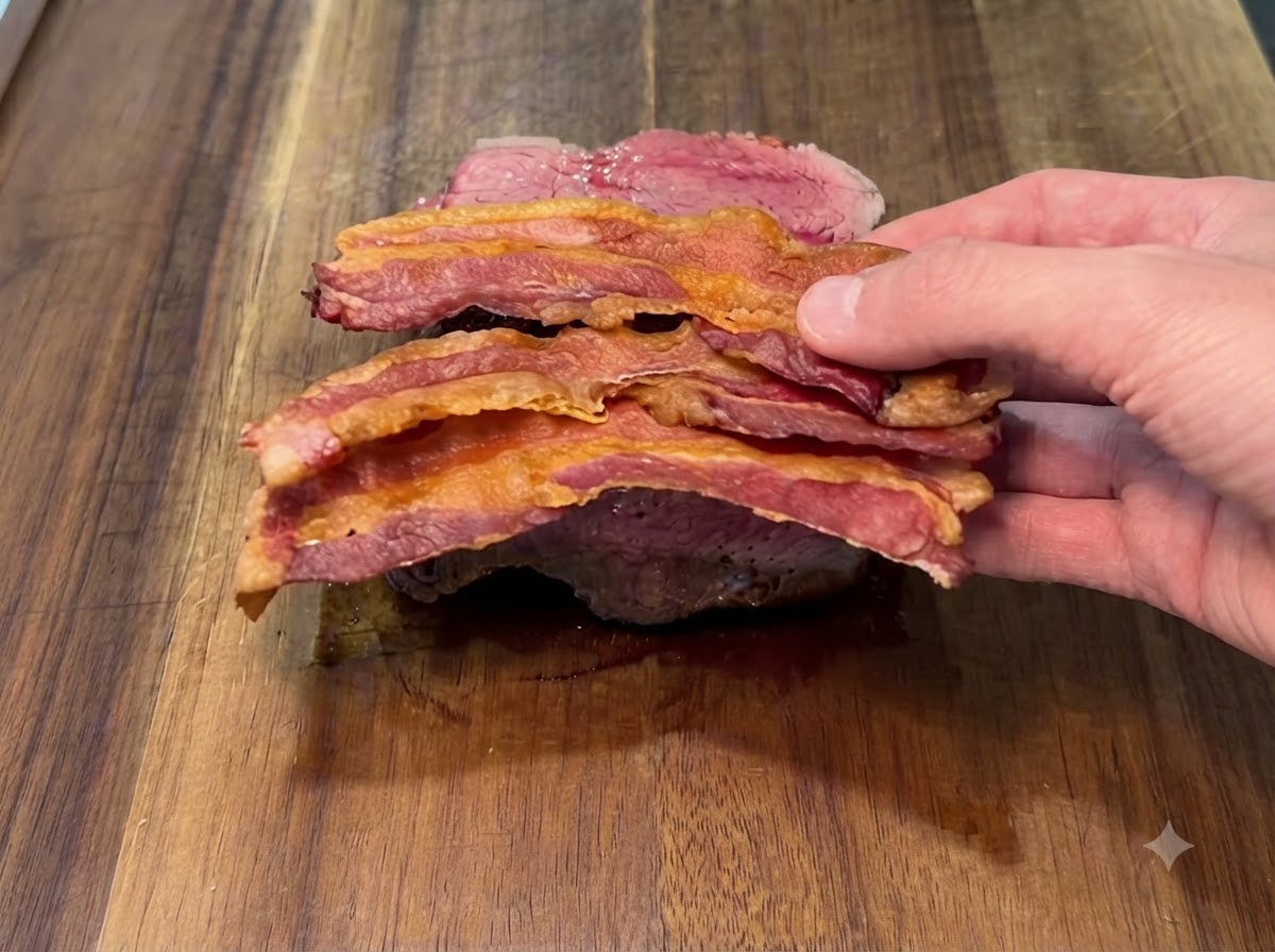 Tiras de tocino crujiente siendo colocadas encima de la capa de queso fundido.
