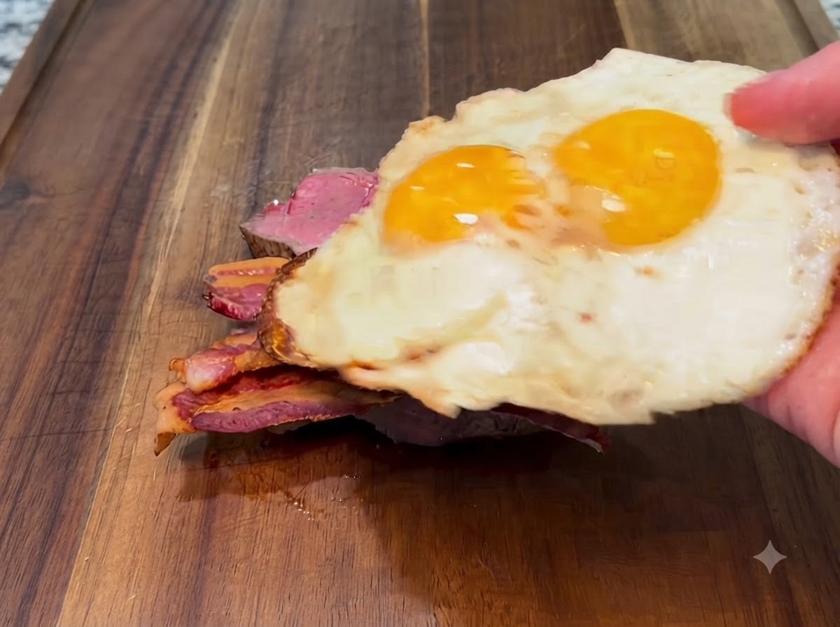 Dos huevos fritos siendo colocados encima de las tiras de tocino.