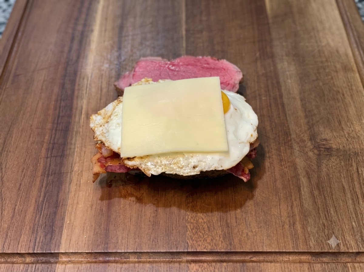 Una rebanada de queso colocada sobre los huevos fritos siendo fundida con un soplete de cocina.