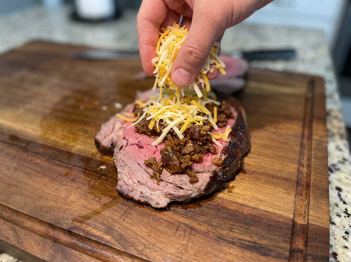 Una cucharada de carne picada sazonada y cocinada siendo colocada sobre el filete cubierto de queso.