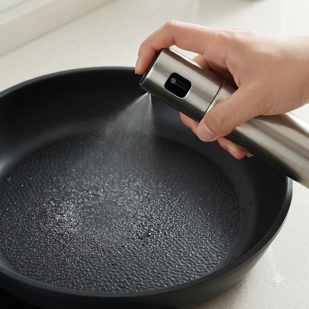 Una mano rociando una capa fina de aceite de cocina en la superficie inferior de una sartén negra.