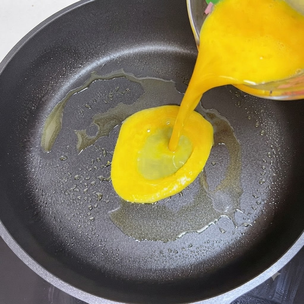 Huevos batidos de color amarillo brillante siendo vertidos desde una taza medidora transparente a una sartén caliente.