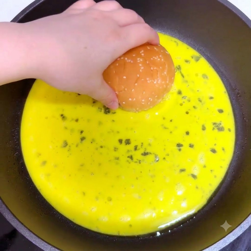 Una mano colocando dos panes de hamburguesa boca abajo en un charco de mezcla de huevo amarillo crudo dentro de una sartén.