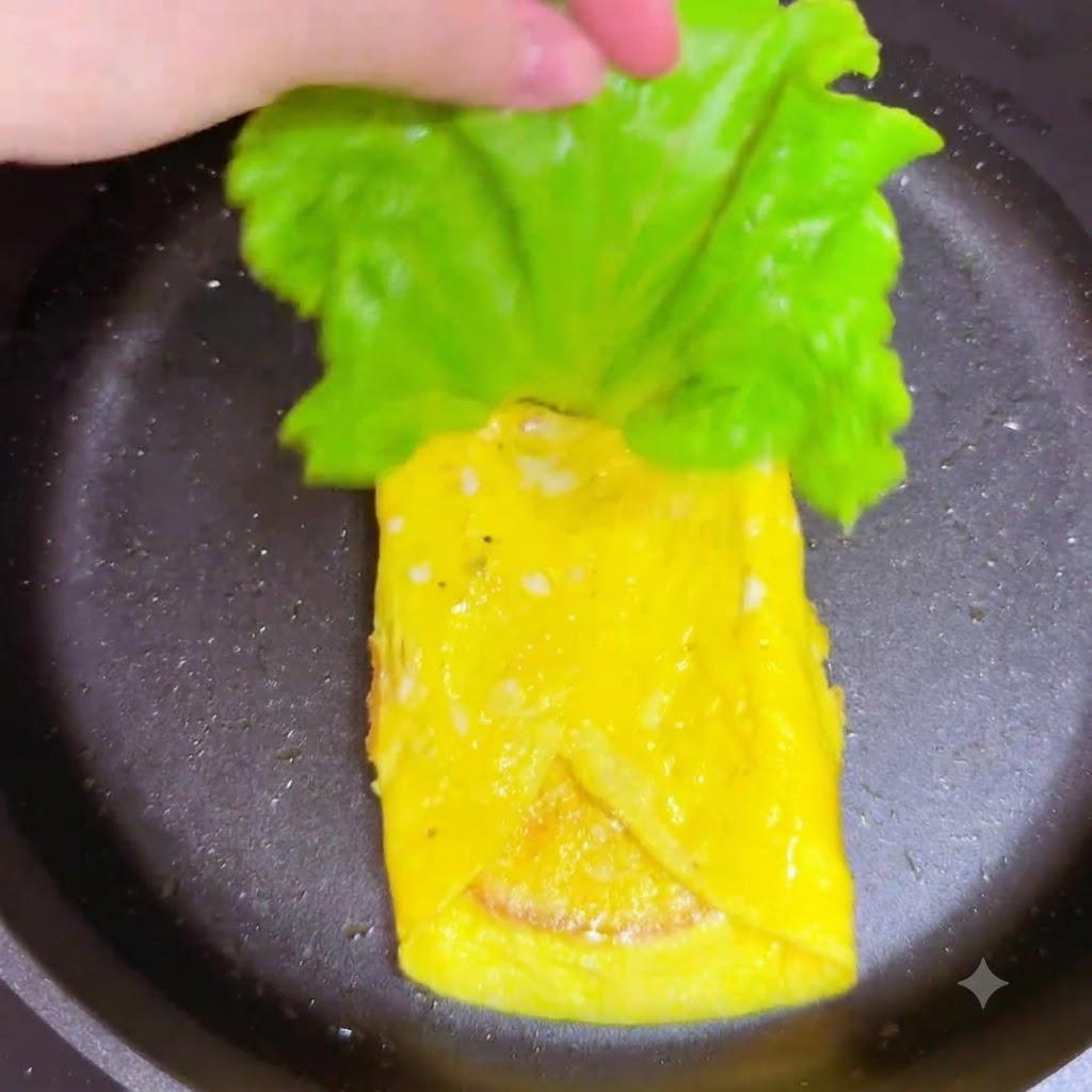Una hoja de lechuga verde fresca siendo colocada sobre la capa de jamón dentro de la sartén.