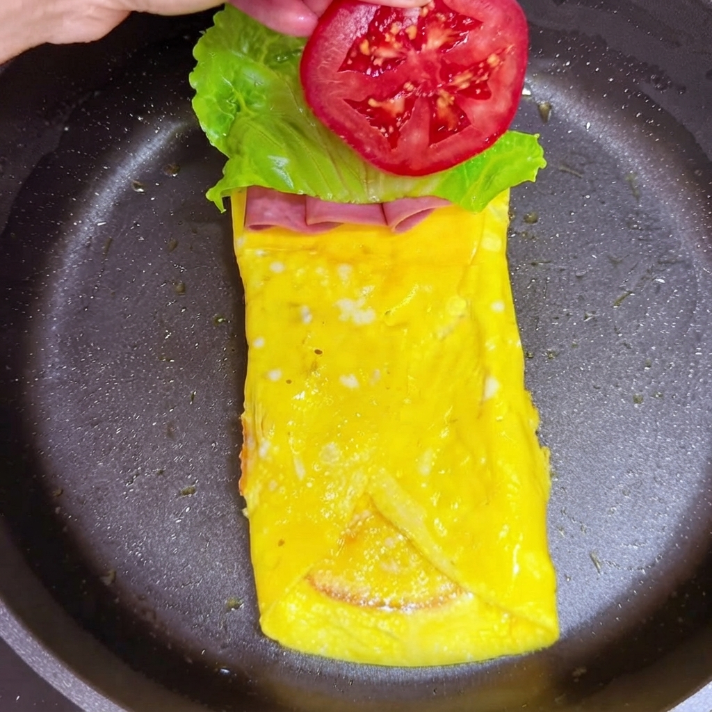 Una rodaja de tomate rojo siendo añadida encima de la capa de hojas de lechuga.