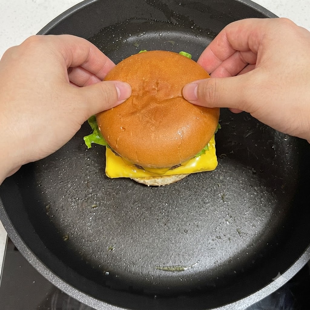 Manos colocando el pan de hamburguesa superior sobre los ingredientes en capas y envolviendo los bordes del huevo a su alrededor.