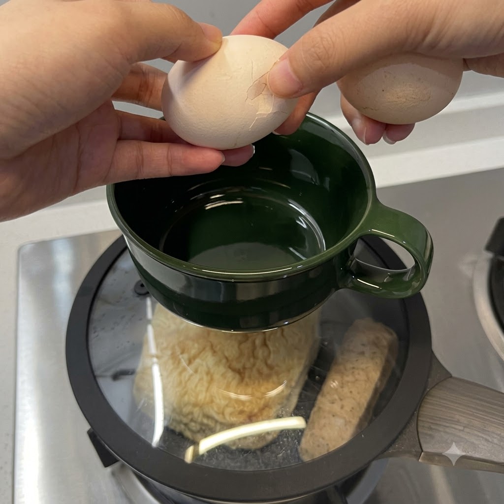 Dos huevos siendo cascados en un tazón verde situado encima de la sartén tapada.