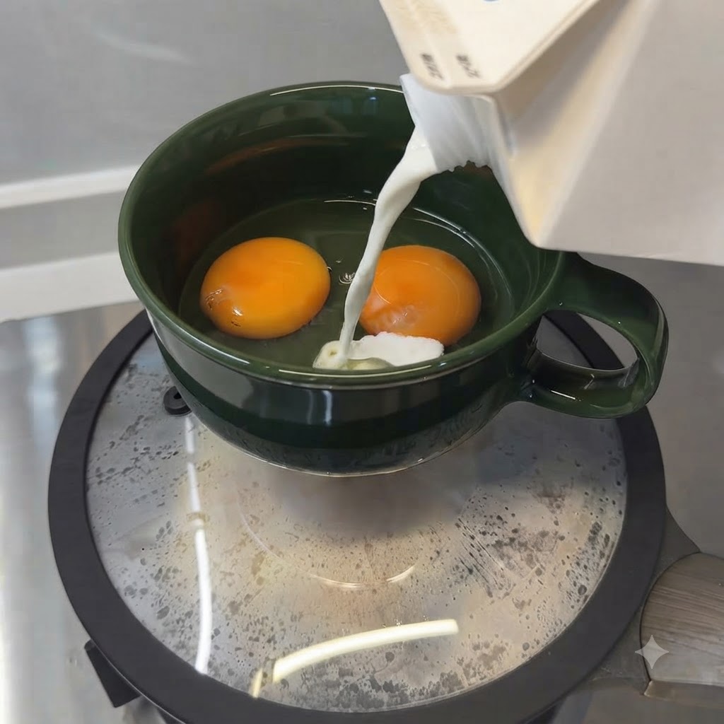 Leche siendo vertida desde un cartón en el tazón con los huevos.