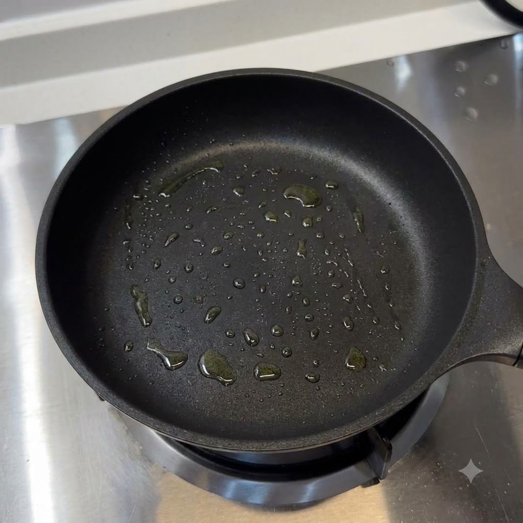 Una sartén engrasada con gotas de aceite de cocina distribuidas por el fondo.