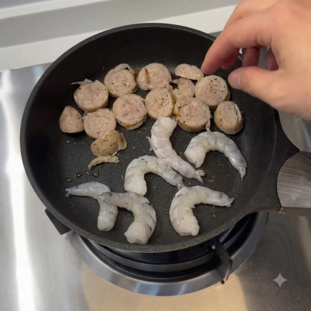 Salchicha cortada y camarones crudos dispuestos en una sartén sobre un quemador de gas.