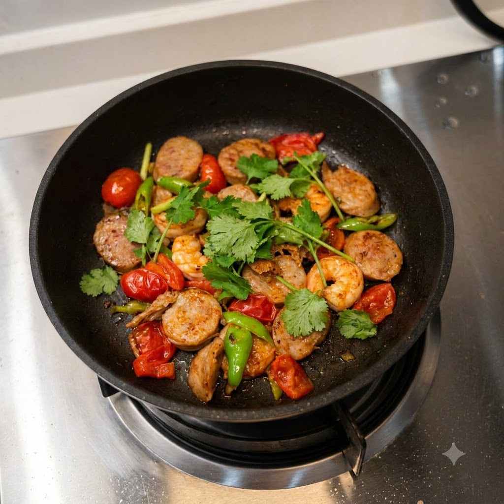 Hojas de cilantro fresco siendo cortadas directamente sobre una sartén llena de salchicha cocida, camarones, tomates y pimientos verdes.