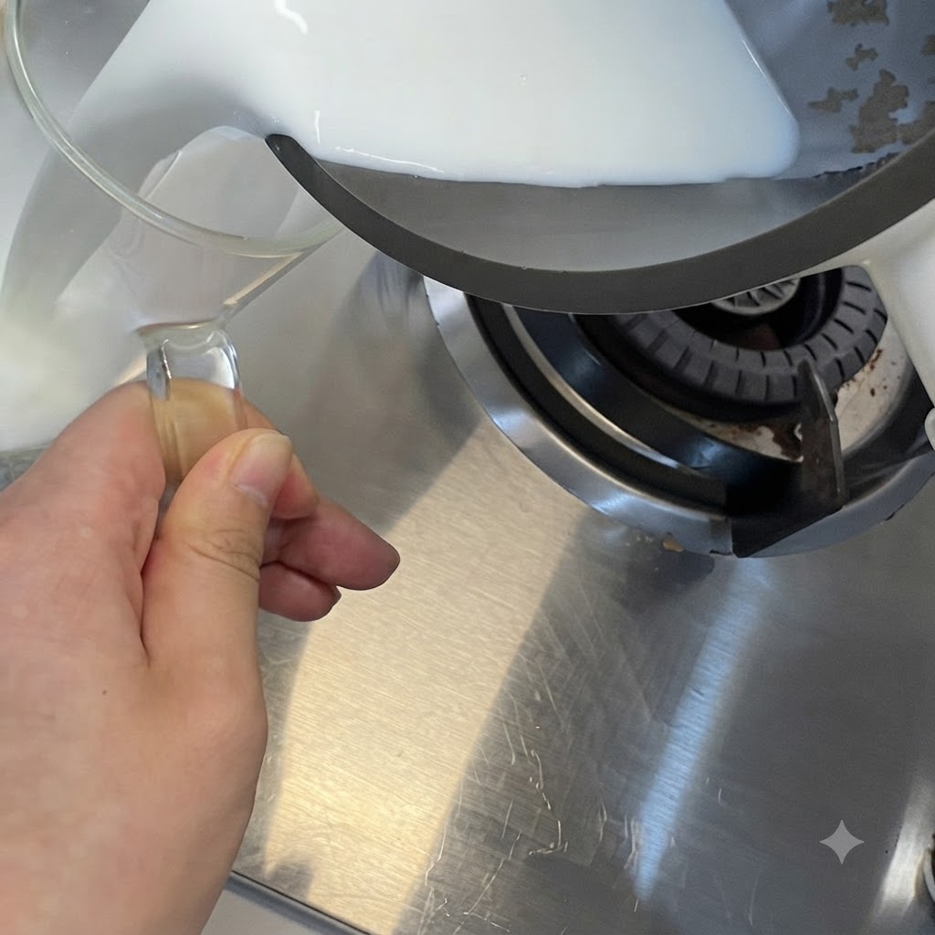 La mezcla de huevo y los ingredientes siendo removidos y cocinados con una espátula en la sartén.