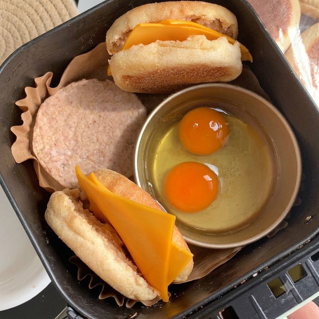 Dos huevos rompiéndose en un aro metálico redondo en una sartén junto a una hamburguesa de salchicha de desayuno dorándose.