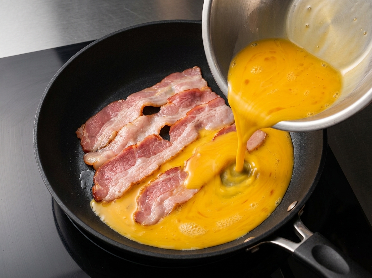 Huevos batidos siendo vertidos desde un tazón de acero inoxidable directamente sobre las tiras de tocino en una sartén caliente.