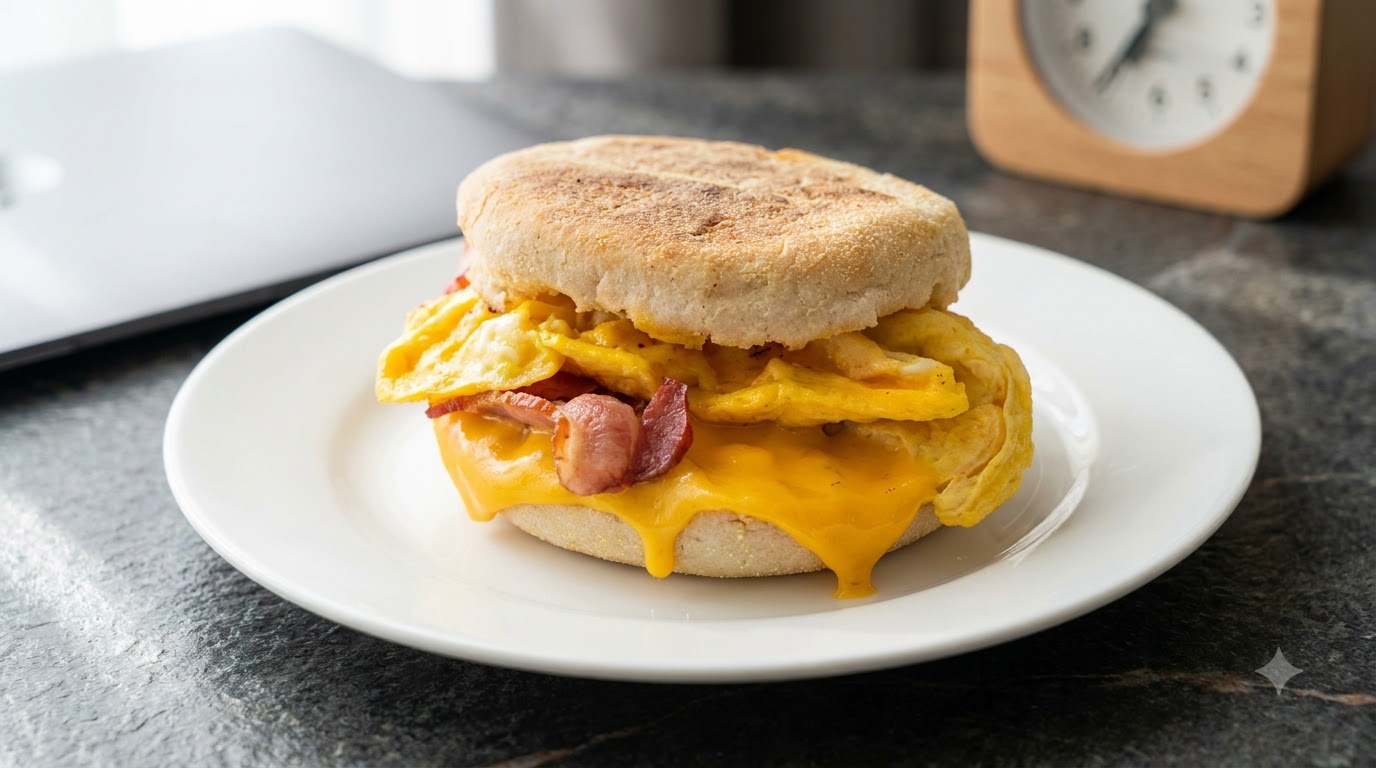 Sándwich de Muffins Ingleses con Huevo y Tocino