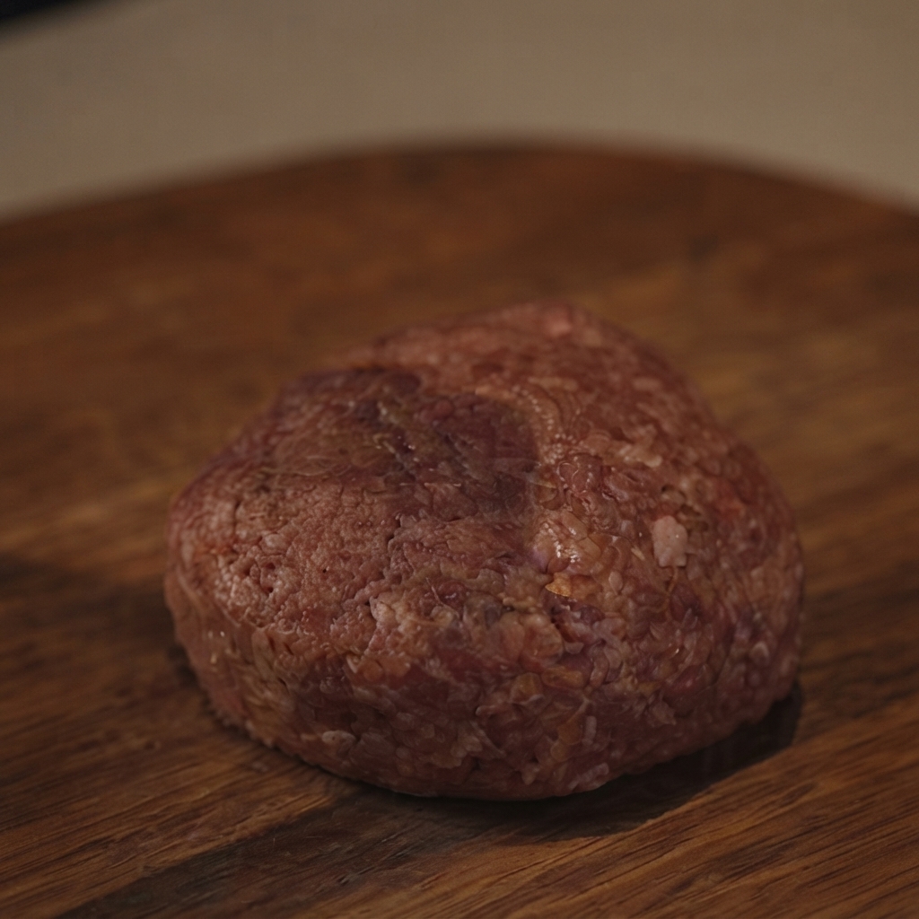 Una hamburguesa de ternera cruda recién formada sobre una tabla de cortar de madera redonda.
