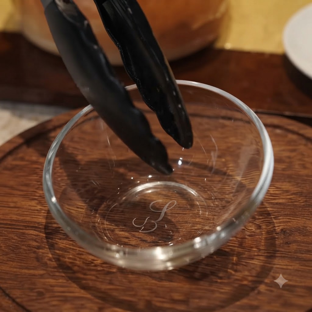 Unas pinzas de cocina sacando cebollas caramelizadas de una sartén y pasándolas a un bol pequeño de cristal.