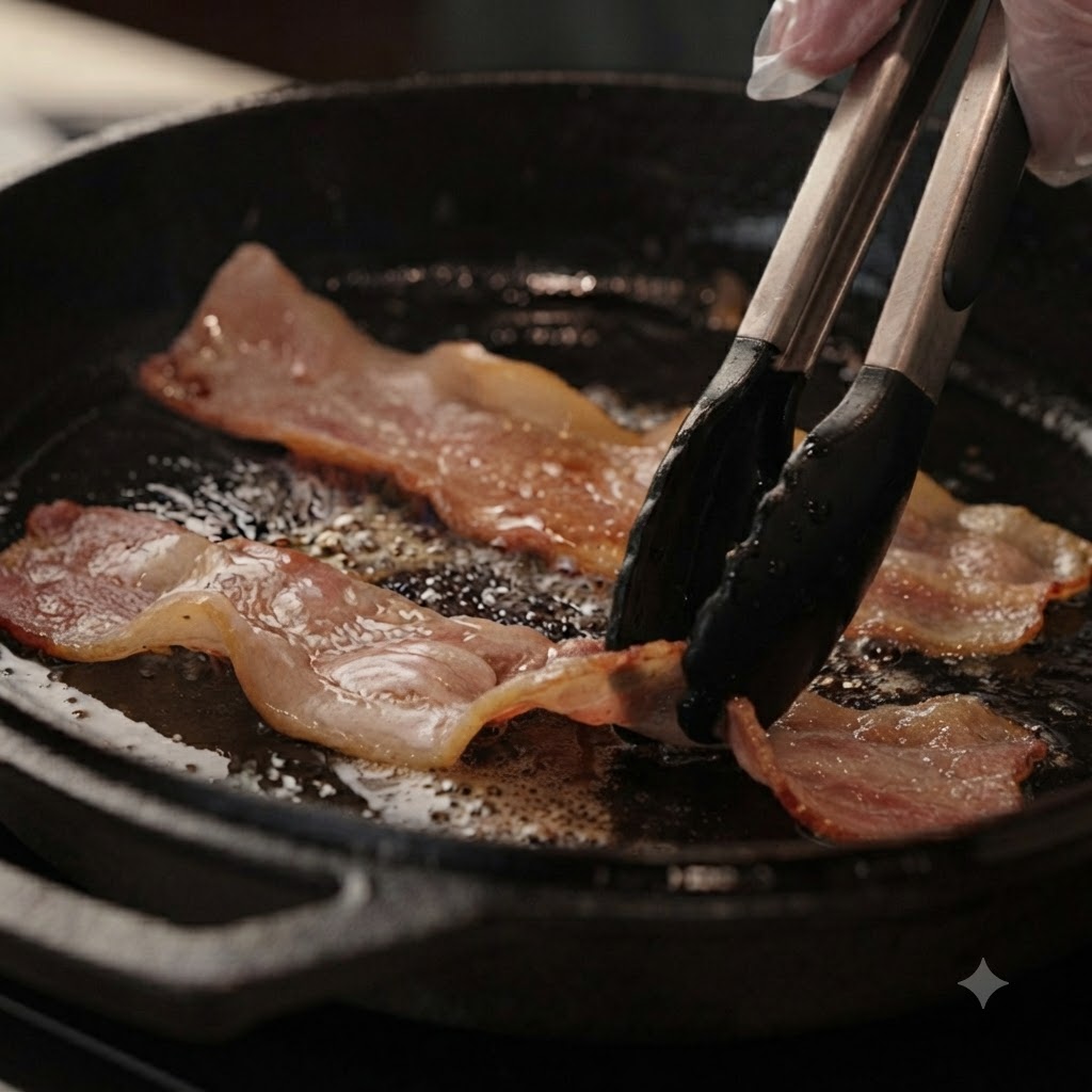 Tiras de bacon friéndose en una sartén caliente de hierro fundido mientras se manipulan con unas pinzas de cocina negras.