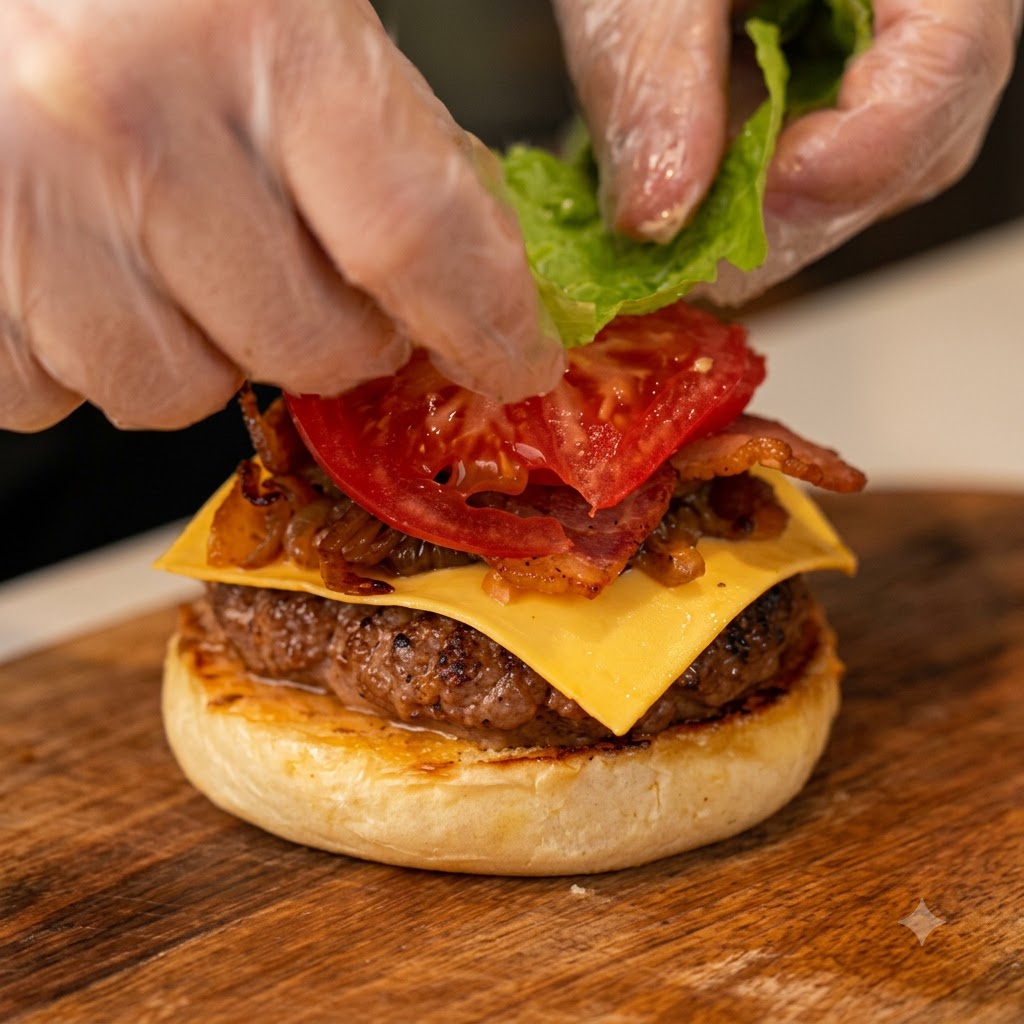 Una mano colocando una hoja de lechuga verde fresca sobre rodajas de tomate, bacon, queso y una hamburguesa de ternera.
