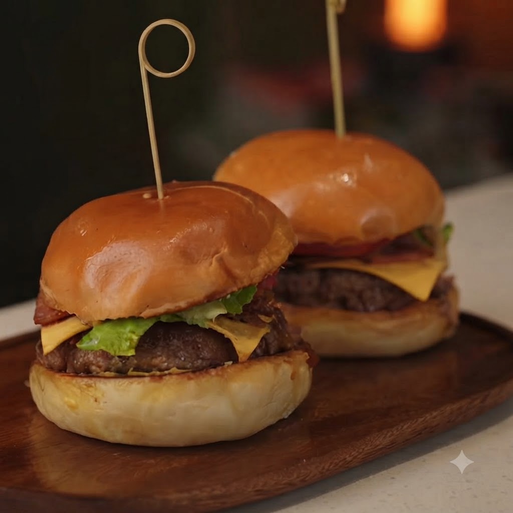 Dos hamburguesas de ternera caseras completamente montadas en una tabla de madera, cada una sujeta con una brocheta de madera.