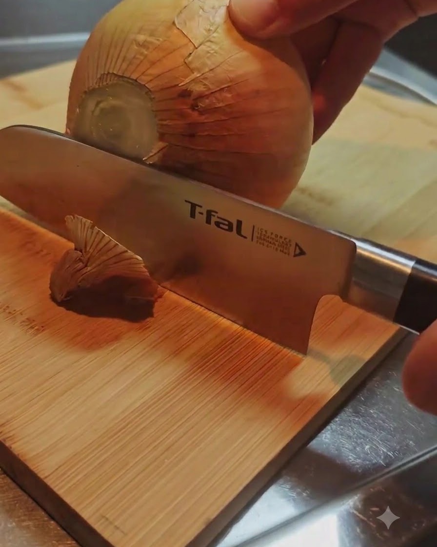 Un cuchillo cortando el extremo de la raíz de una cebolla entera en una tabla de cortar de madera.