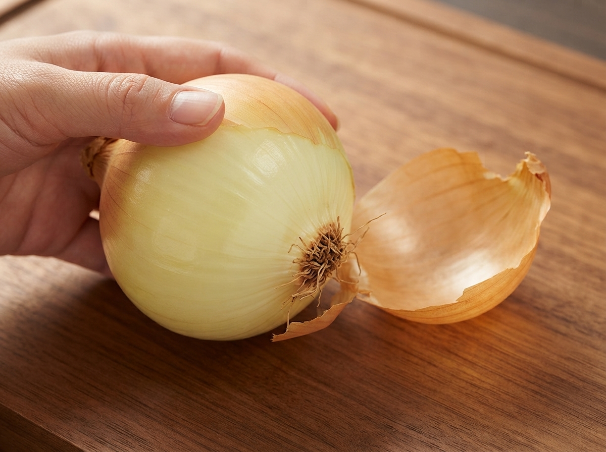 Una cebolla cortándose por la mitad horizontalmente sobre una tabla de cortar de madera con un cuchillo de chef afilado.