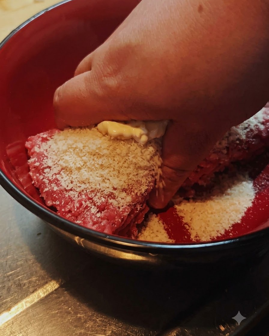 Una mano mezclando carne picada, pan rallado y condimentos dentro de un bol rojo para mezclar.